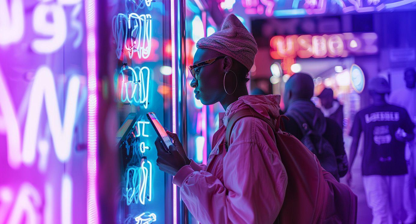 A lady checking on her mobile phone whilst window shopping with neon lights and people in the background