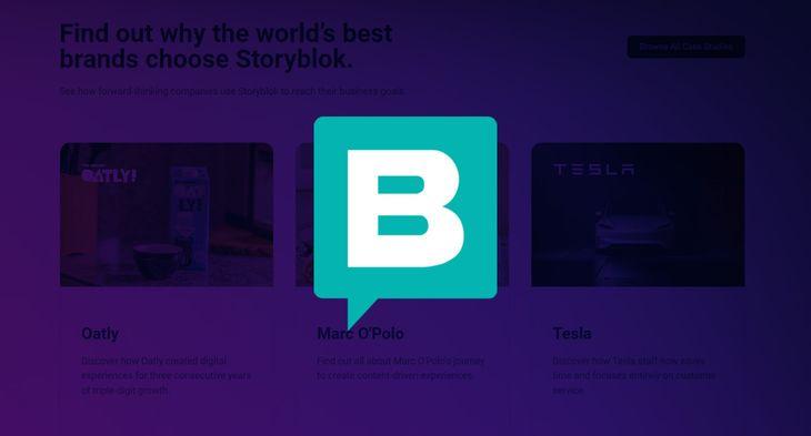 Storyblok logo on a purple background