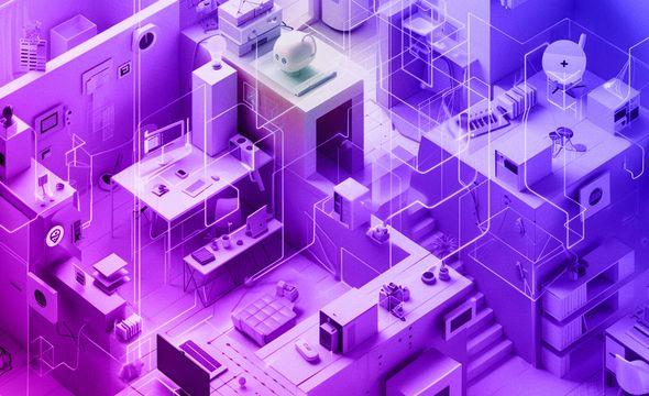 An isometric illustration of a workplace with a robots head at the centre and virtual wires weaving throughout, connecting devices