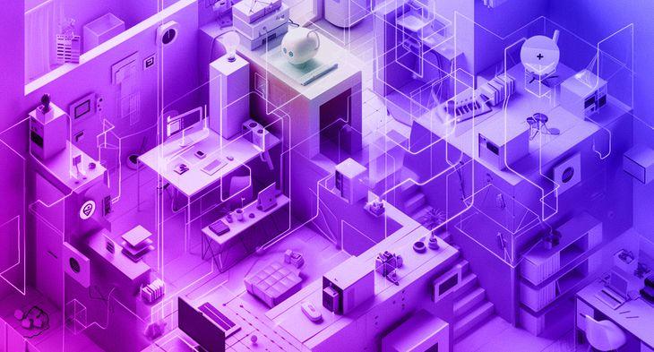 An isometric illustration of a workplace with a robots head at the centre and virtual wires weaving throughout, connecting devices