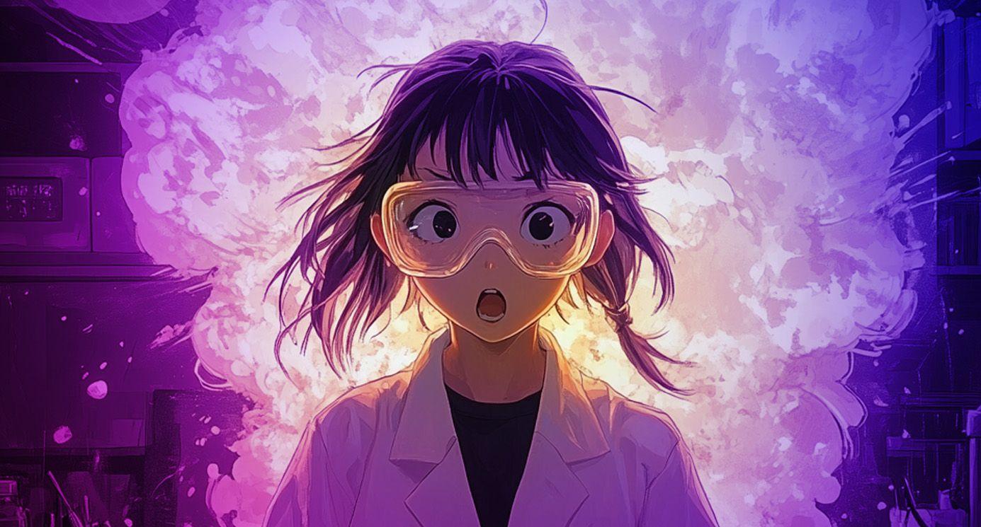 Anime girl in a lab looking shocked with an explosion behind her