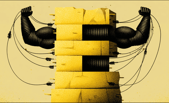 A muscular figure E with stone blocks as a body, arms flexed, connected by wires and plugs, against a yellow background.