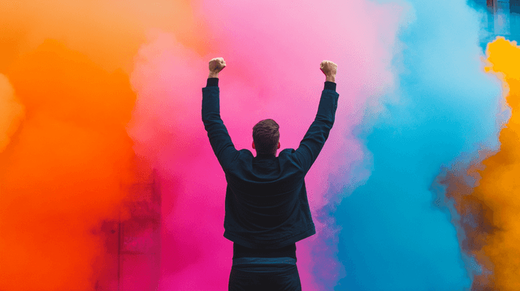 Person with raised arms stands before vibrant orange, pink, and blue smoke clouds, creating a dynamic and colorful scene.