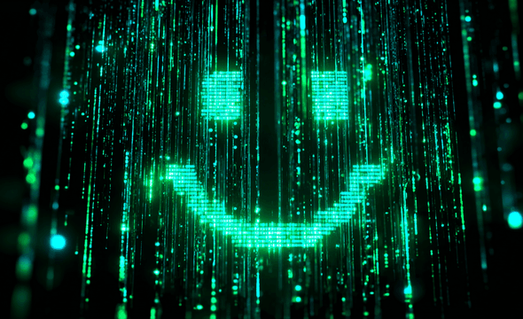 A glowing green smiley face formed by digital lines and dots on a dark background, resembling a futuristic digital matrix.