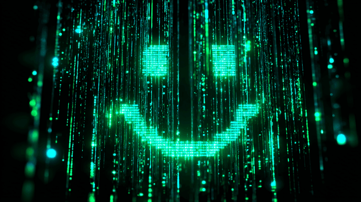 A glowing green smiley face formed by digital lines and dots on a dark background, resembling a futuristic digital matrix.