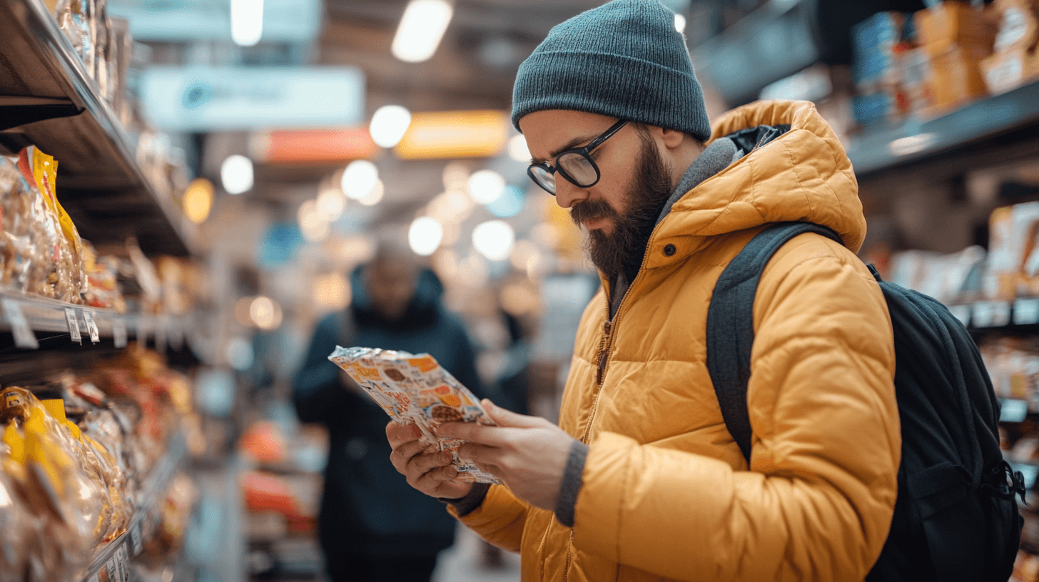 A man in a yellow jacket and beanie reads a food package in a grocery store aisle. Shelves with various products are visible in the background.