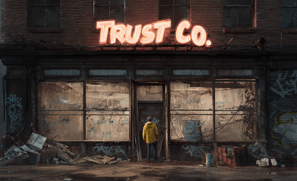 Person in yellow coat stands by an abandoned, graffiti-covered building with a neon "TRUST CO." sign, surrounded by debris.