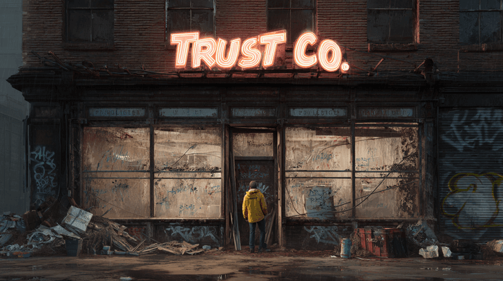 Person in yellow coat stands by an abandoned, graffiti-covered building with a neon "TRUST CO." sign, surrounded by debris.