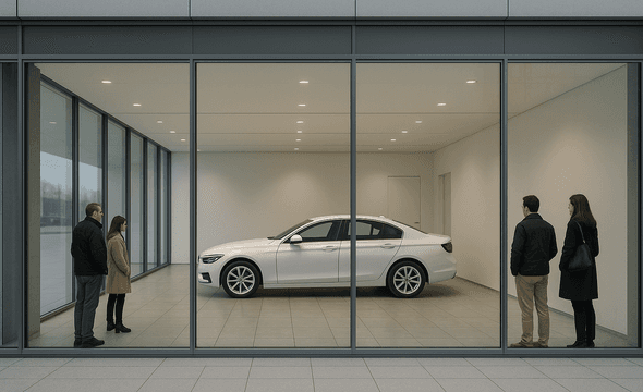 Four people observe a white car displayed in a minimalist, glass-walled showroom with a tiled floor and bright lighting.