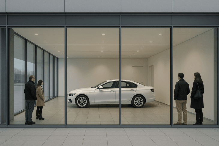 Four people observe a white car displayed in a minimalist, glass-walled showroom with a tiled floor and bright lighting.