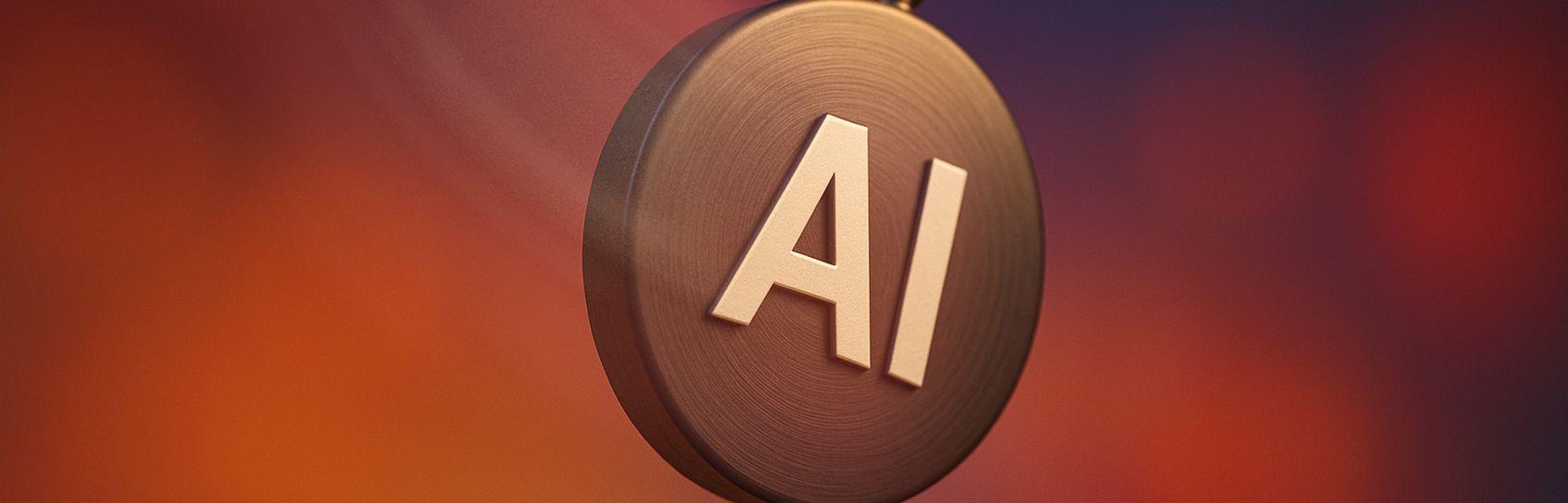 A swinging pendulum with "AI" on it against a blurred, colorful background of orange and blue hues.