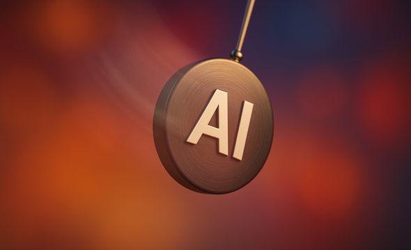 A swinging pendulum with "AI" on it against a blurred, colorful background of orange and blue hues.