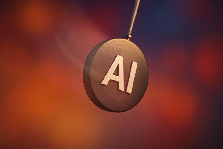 A swinging pendulum with "AI" on it against a blurred, colorful background of orange and blue hues.