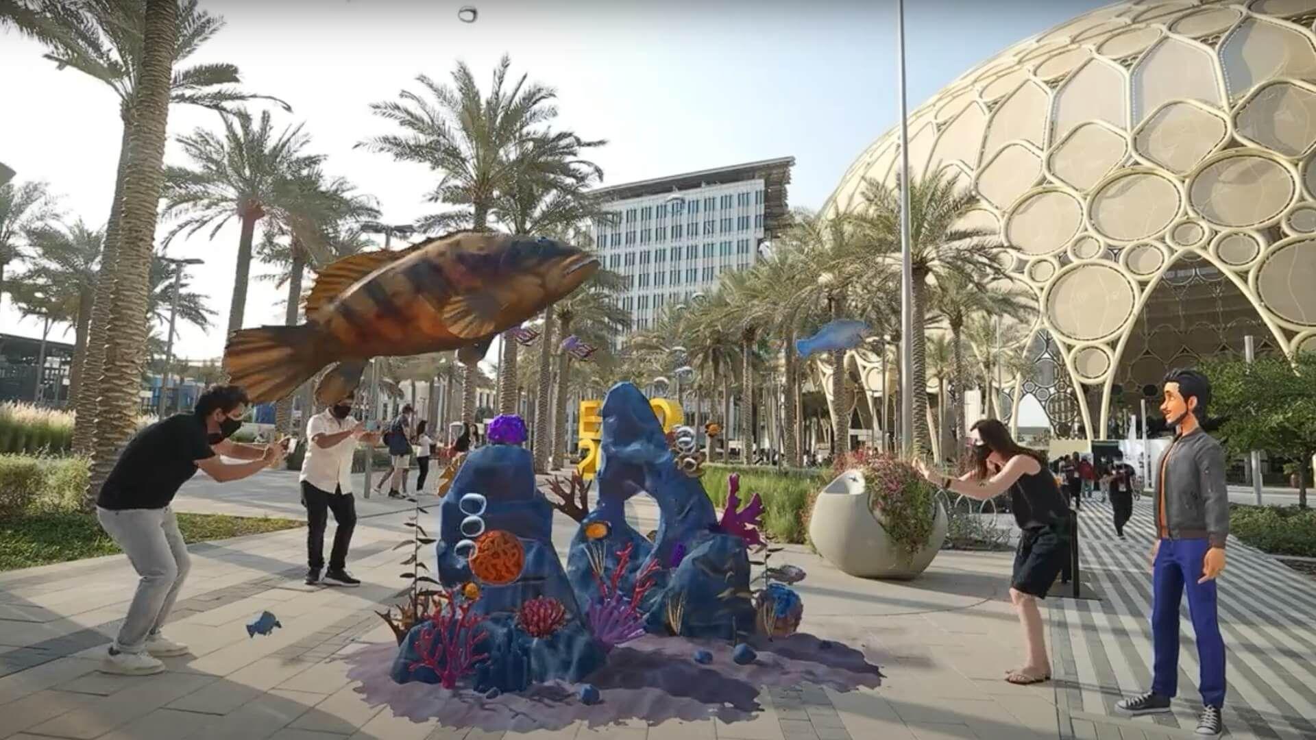 Still from Connected Spaces Platform video showing avatars interacting with AR inside a digital environment