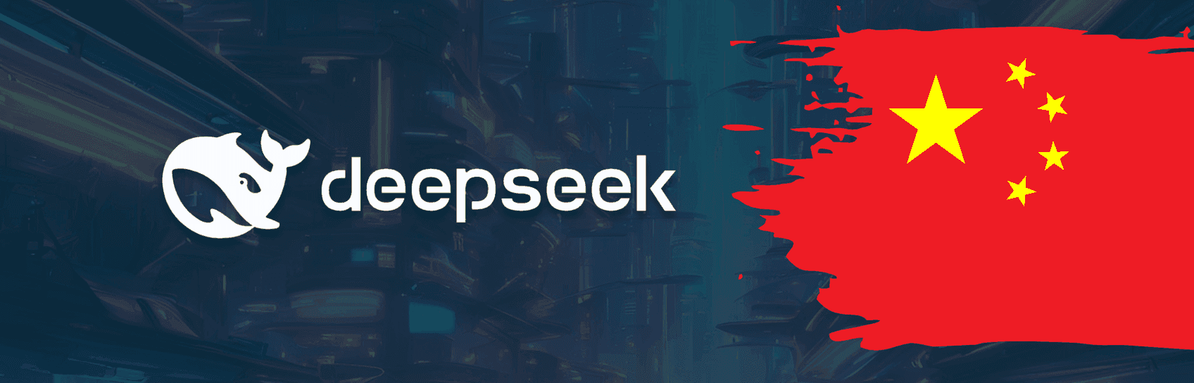 deepseek logo on a dark background next to chinese flag