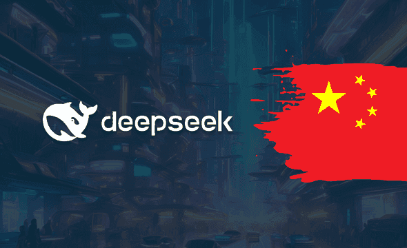 deepseek logo on a dark background next to chinese flag