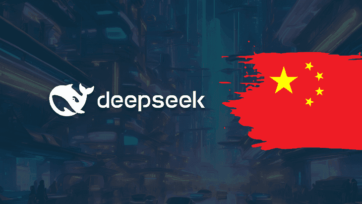 deepseek logo on a dark background next to chinese flag