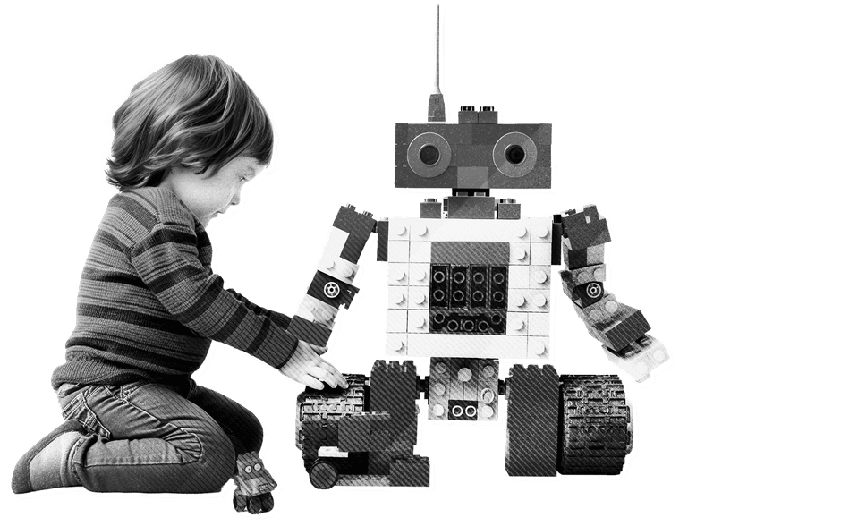 A black and white image of a Young child building a robot from blocks