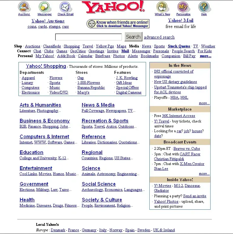 what yahoo homepage used to look like in 2000 full og undreds of links