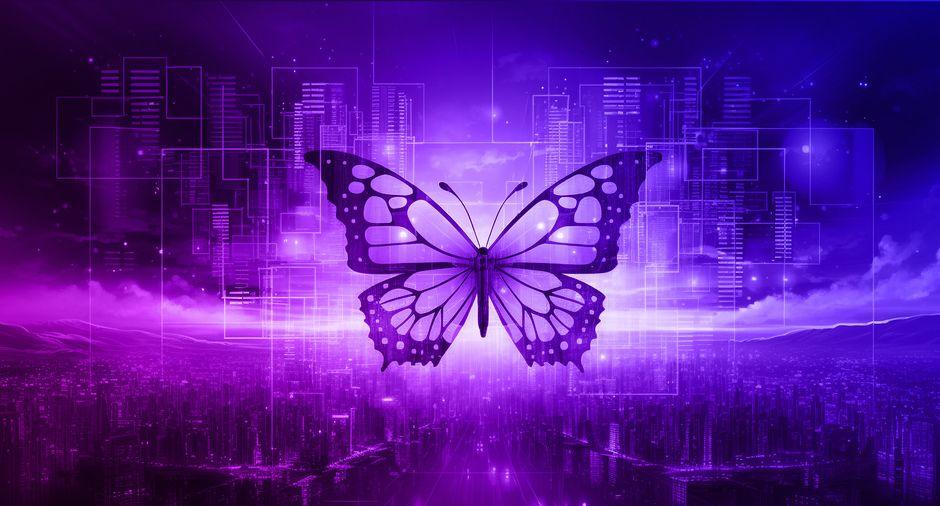 A butterfly layered with data over a cityscape, illustrating, embracing change in digital ecosystems