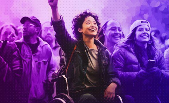 A disabled Asian lady, wearing casual clothing, looking happily up into the air as part of a diverse crowd of people, everything is monotoned purple except for the lady in the wheelchair