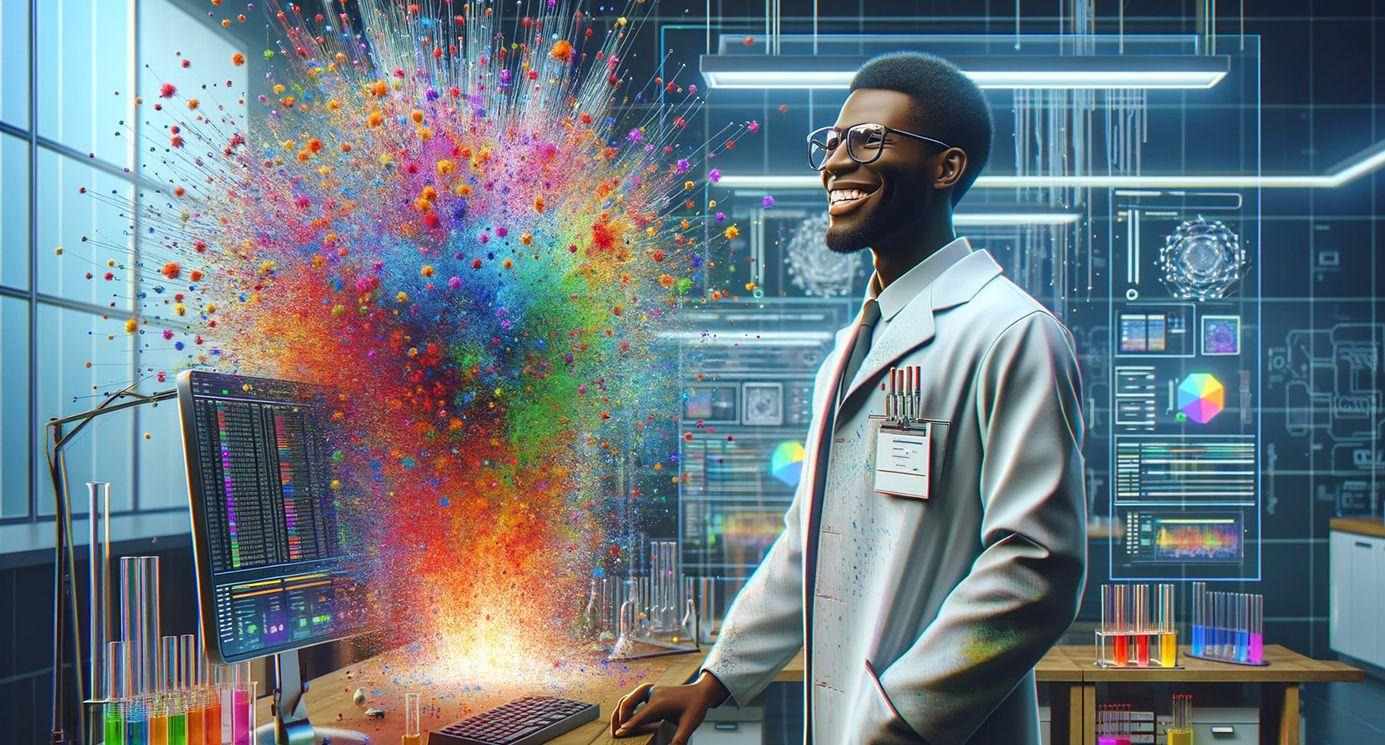 A black male scientist in a high-tech digital lab, reacting positively to a failed experiment. The lab features an explosion of colors, representing a non-hazardous, digital data explosion as a metaphor for a failed yet insightful experiment. The scientist is embodying a positive outlook on failure as a learning opportunity. Their lab coat is dusted with vibrant digital pixels to represent the aftermath of the explosion, yet they are unharmed, symbolizing resilience and optimism. The lab maintains a modern and sophisticated look, with other devices and screens unharmed and displaying various stages of digital projects. This scene captures the essence of embracing failure in innovation, where setbacks are seen as valuable lessons rather than defeats.
