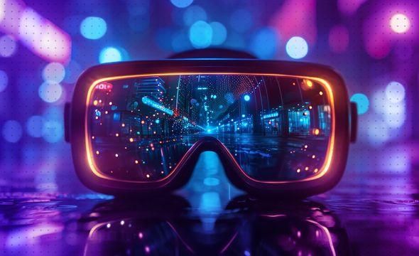 VR goggles with a digital landscape visible in the lens