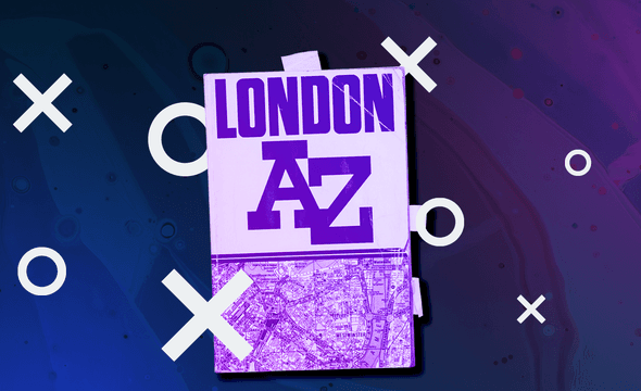 London A-Z map booklet on neon background