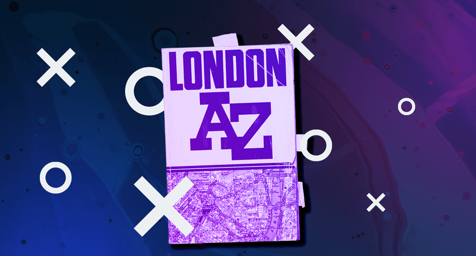 London A-Z map booklet on neon background