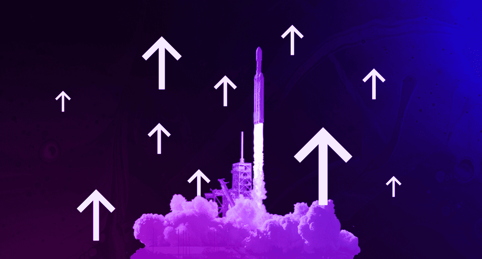 Rocket launching with arrow icons on neon background.