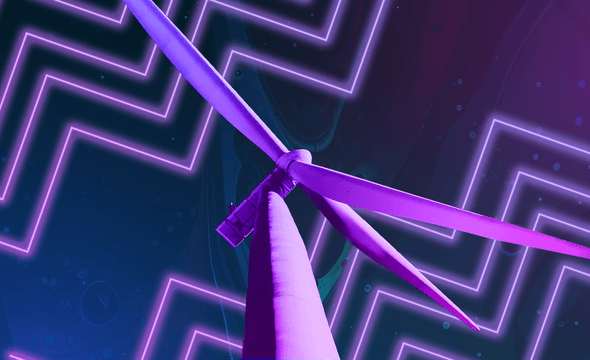 Close angle looking up at wind turbine on neon background.