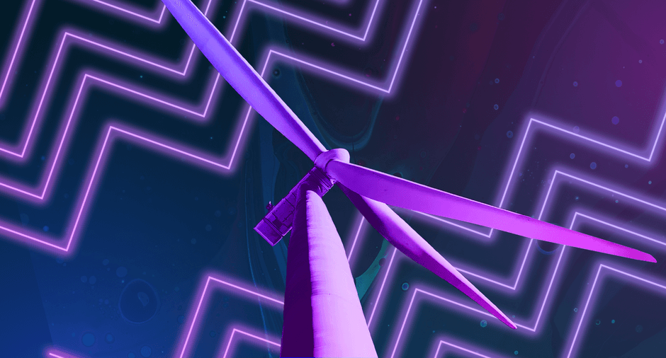 Close angle looking up at wind turbine on neon background.