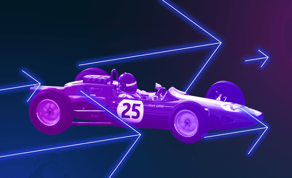 1930s racing car with go faster arrow icons on neon background.