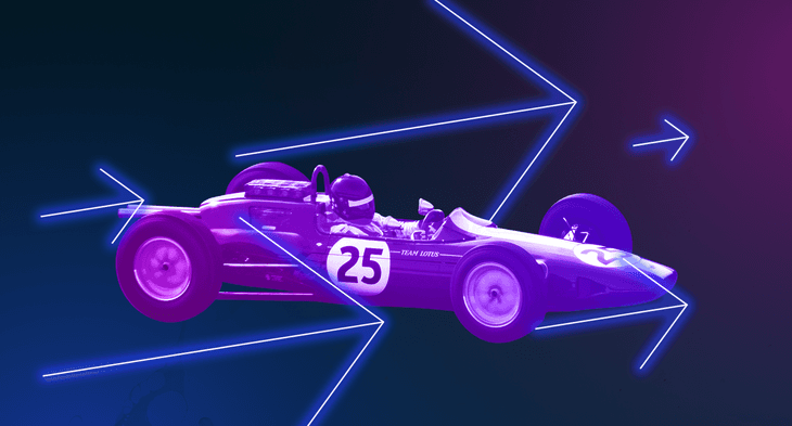 1930s racing car with go faster arrow icons on neon background.