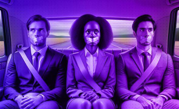 Three business people of different ethnicities in the back seat of a car, each wearing a suit. They have tape over their mouths, symbolising silenced voices in decision-making. One person is a Black woman, another is a South Asian man, and the third is a Middle Eastern man. They are seated side by side, looking ahead with expressions of muted frustration