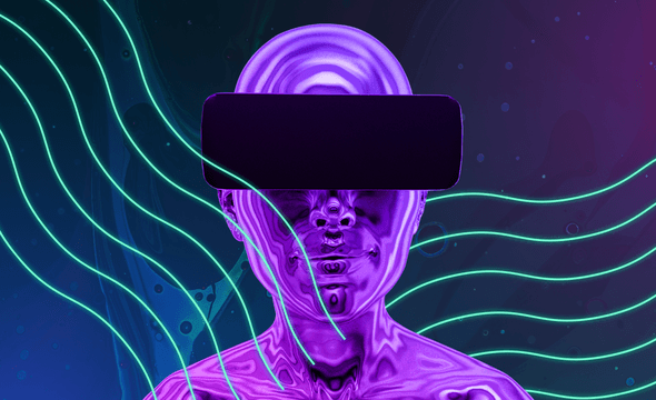 Humand head and shoulders with chrome skin wearing VR goggles amongst wavy neon lines.