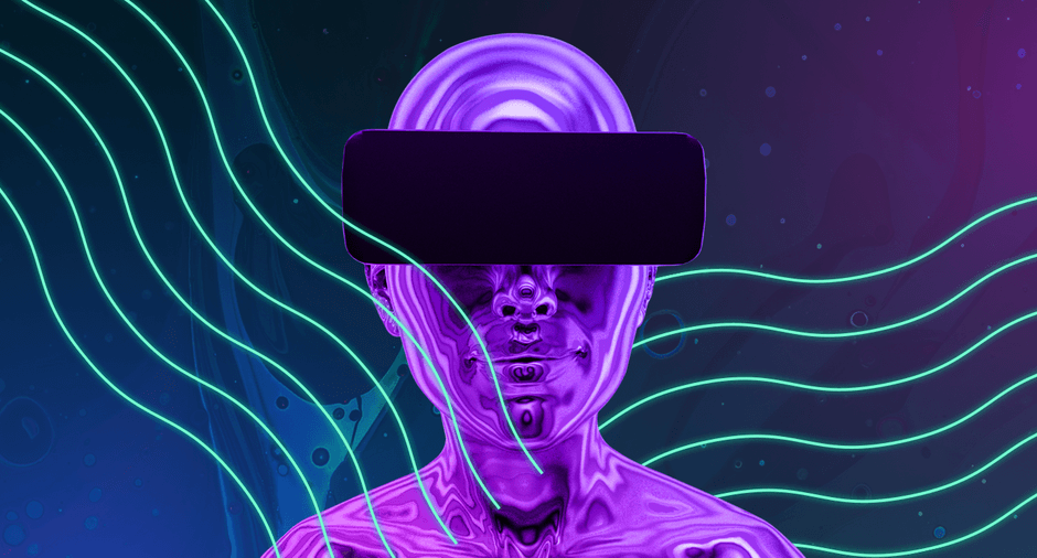 Humand head and shoulders with chrome skin wearing VR goggles amongst wavy neon lines.