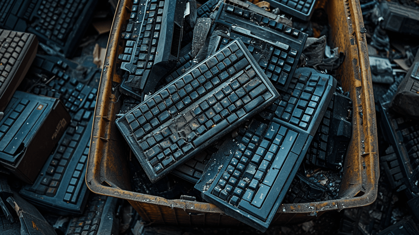hundreds of dusty, smashed, broken up old keyboards in a waste bin