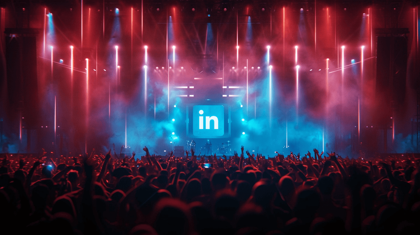 A live concert, cheering crowds and a big Linkedin Logo at the back of the stage