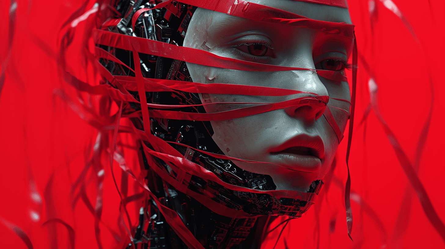an AI robotic humanoid wrapped up in red tape