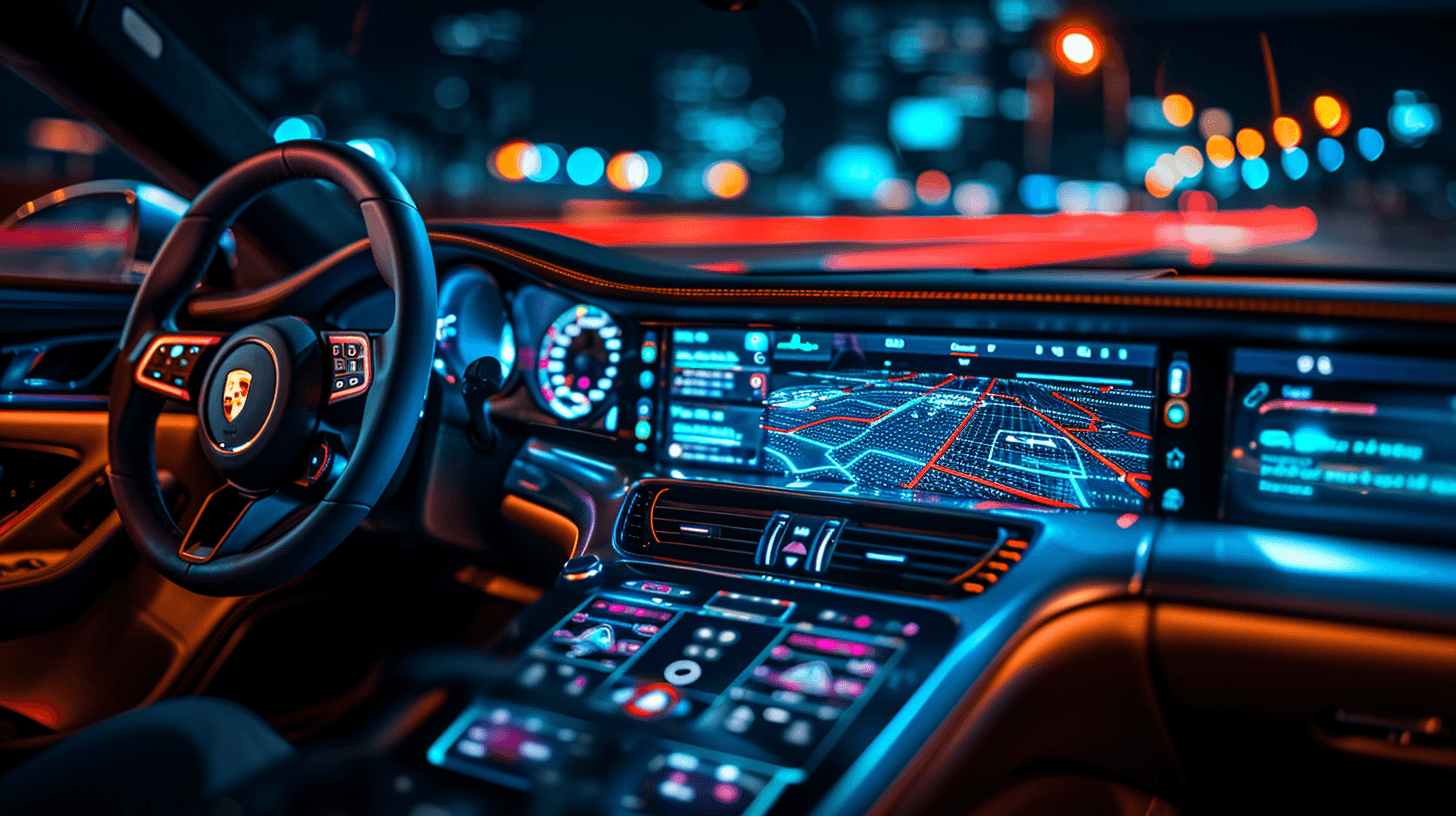 concept image of a futuristic car dashboard, lit up with touch devices and digital displays