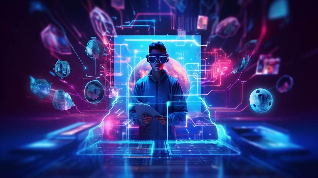 Illustration of a futuristic web developer surrounded by holographic web elements