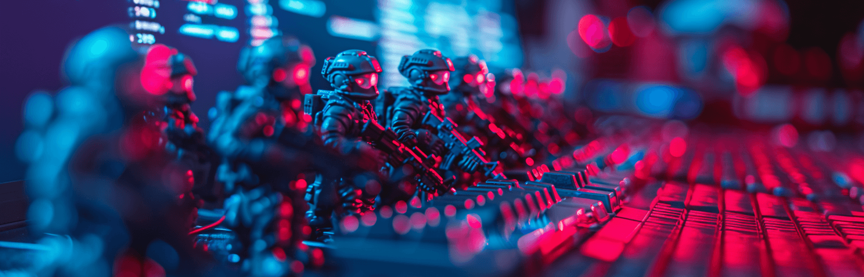 Army of cyber soldiers stood behind a keyboard with a website code visible in the background