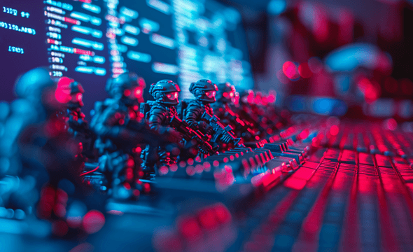 Army of cyber soldiers stood behind a keyboard with a website code visible in the background