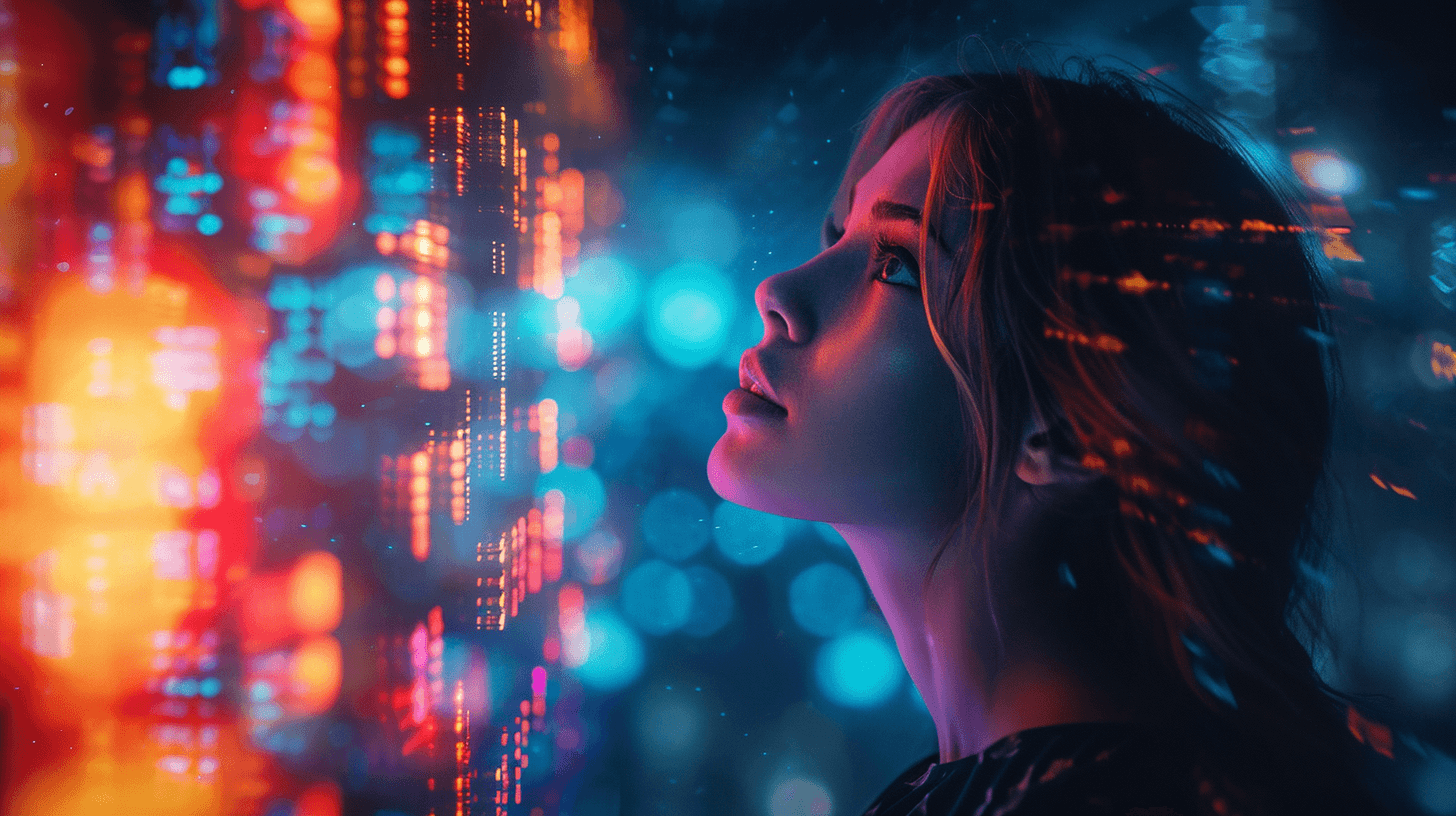 a young lady looking into a wall of digital lights, the glow of the lights reflecting back on her face