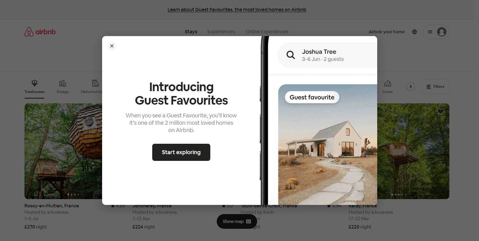A screenshot of AirBnB's homepage showing their new 'Guest Favourites' feature