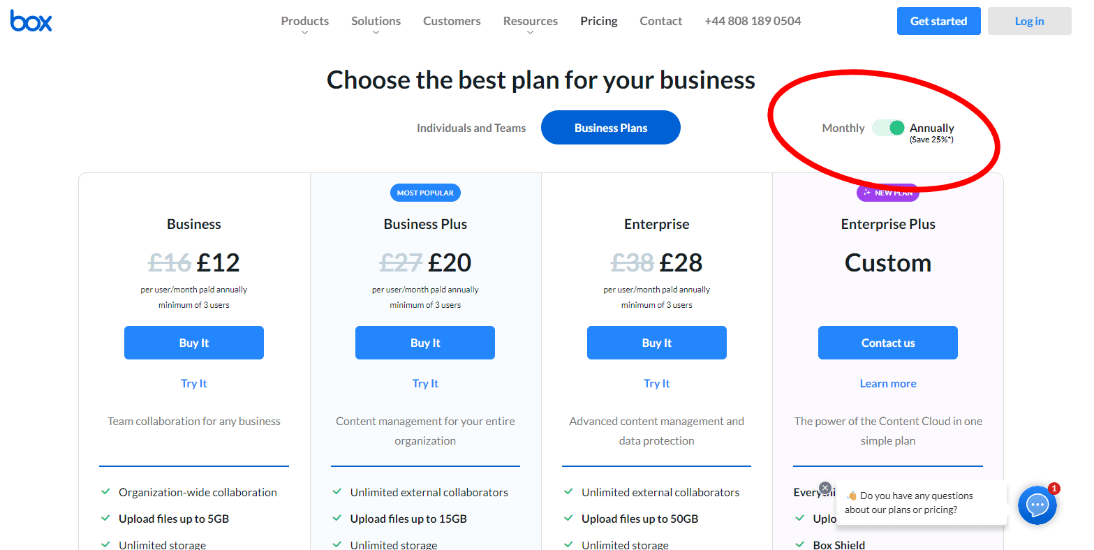 box.com pricing page showing all plans with the default setting set to annual price plans