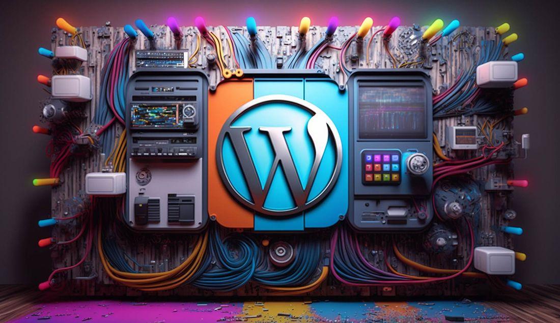 3d Render of the WordPress logo inset into a circuit board, lots of colourful components