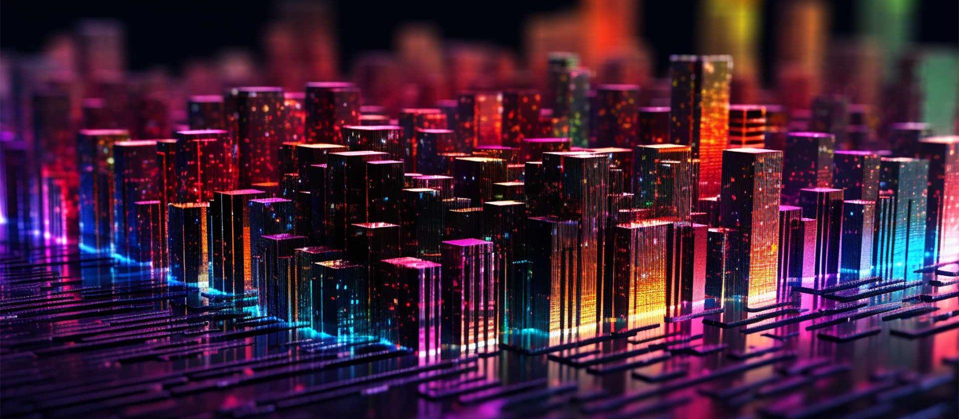 A colourful Illustration concept of a city built on top of a silicone chip