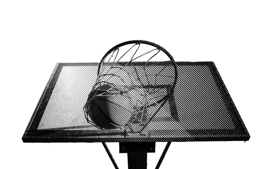 A basketball going through a basketball hoop.